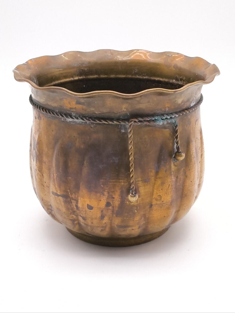 Mid Century Vintage Brass Plant Pot w/ Decorative Rope & Ball Tassel